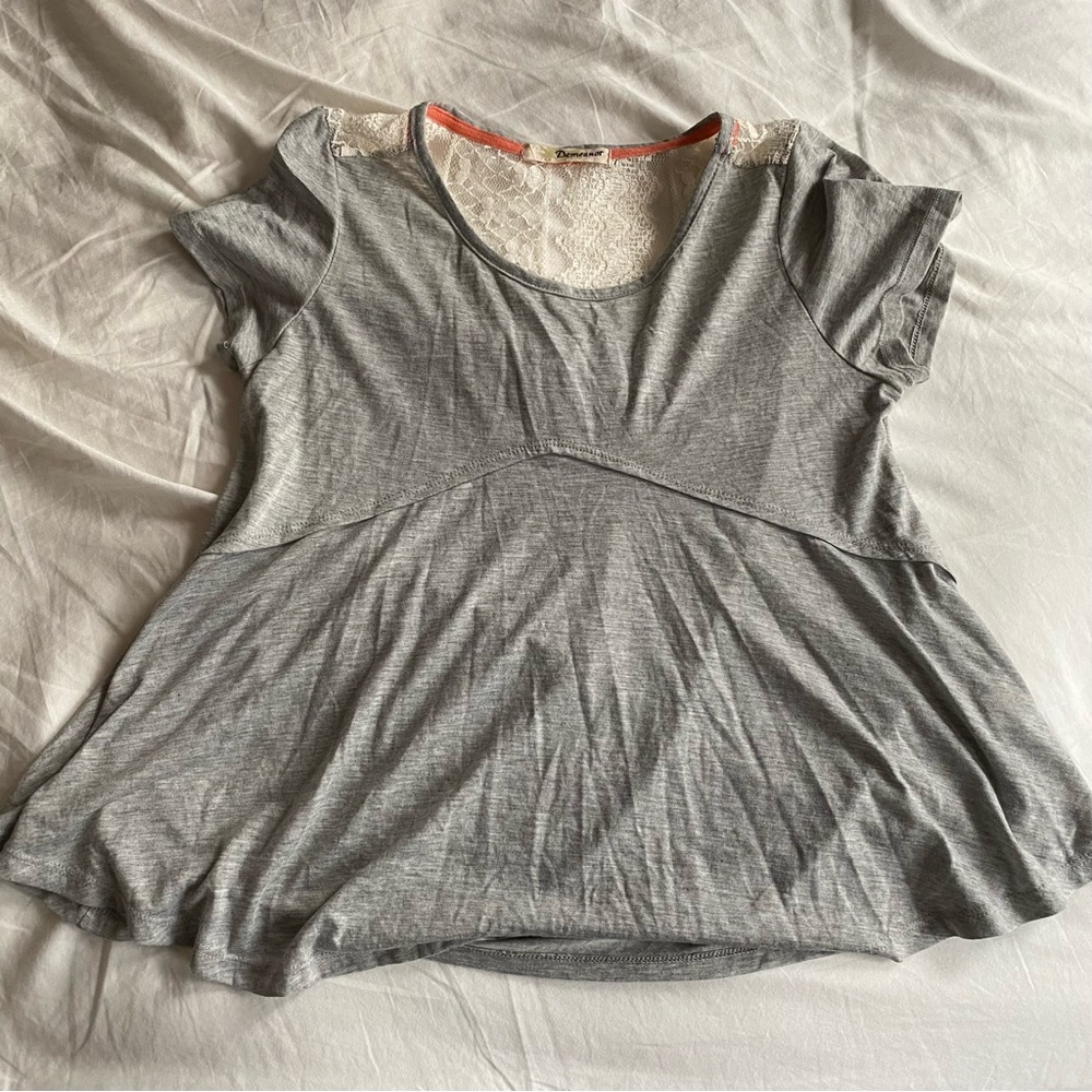 Gray Women's Top with Lace Detail
